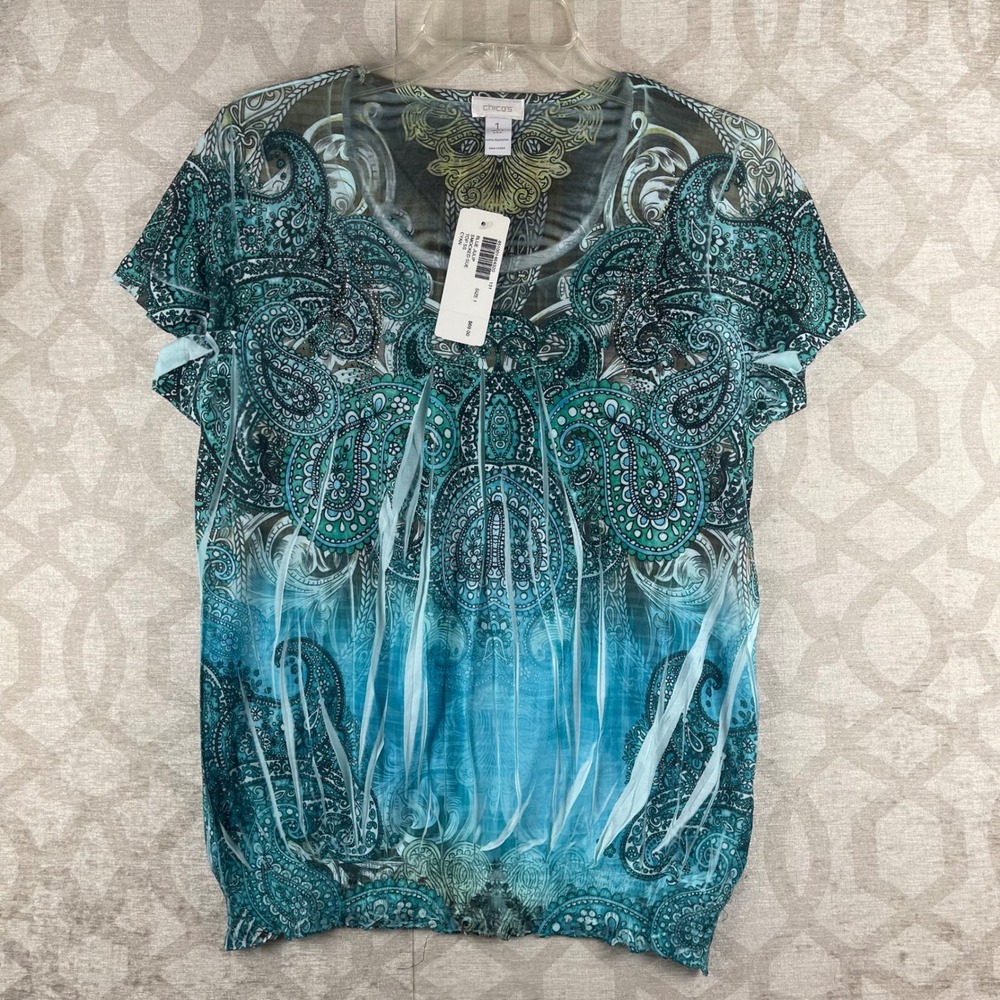 Chico's Blue Julip Smocked SUE Top Women 1 M Cyan Paisley Mesh SS Blouse NEW